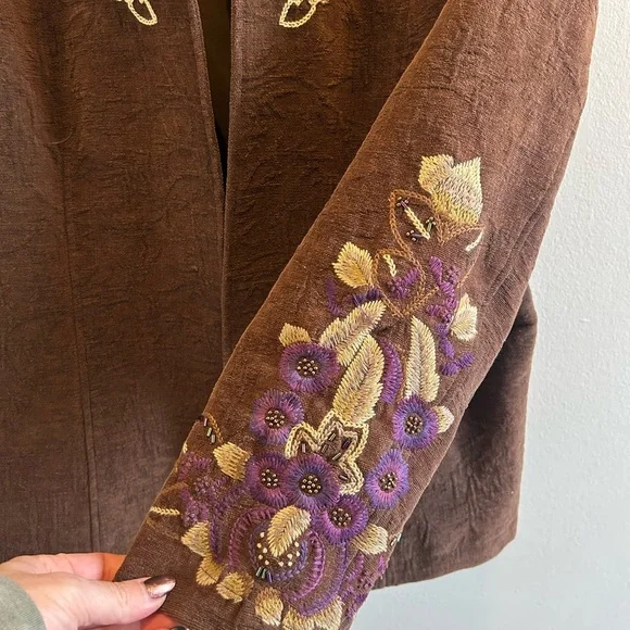 Coldwater Creek Beaded Embroidered Brown Open Front Jacket Floral Boho Women’s - Picture 3 of 10